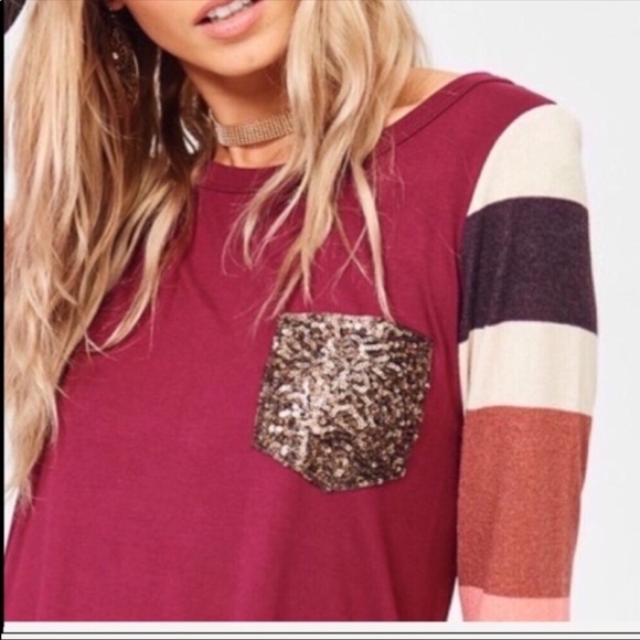 Sequined Pocket Long Sleeve Colorblock Blouse - Picture 3 of 5